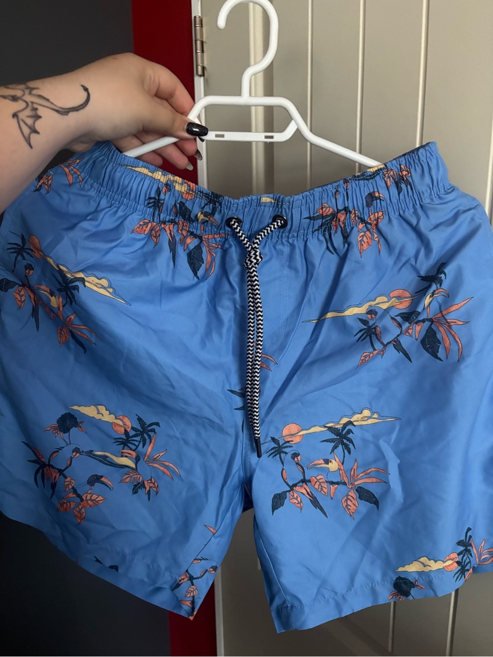 Men's Blue Tropical Print Swim Trunks with Drawstring